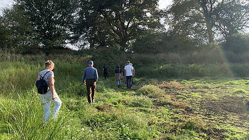 Mehrere Personen gehen über eine Wiese in Richtung eines Gehölzsaums.