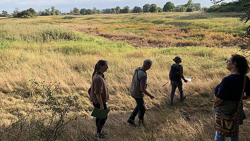 Vier Personen gehen durch eine trockene, grasbewachsene Auenlandschaft; im Hintergrund sind Gehölze und eine weite Wiesenfläche zu sehen.